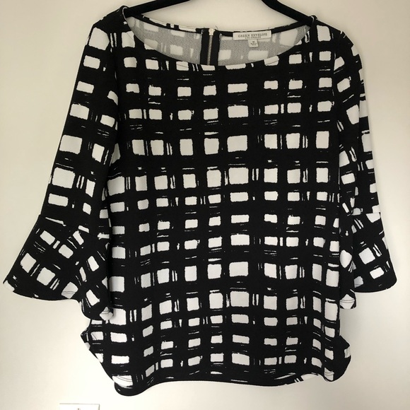 Green Envelope Tops - Black & White Long Sleeve Print Pattern Blouse